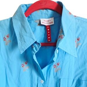 Never A Wallflower Blue Floral Button Up Shirt Womens XL Long Sleeve Cotton